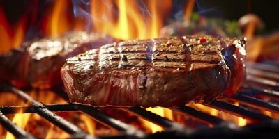 Rindfleisch Rippenstück Steak Grillen auf ein flammend Grill. generativ ai foto