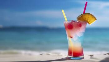 Cocktail Glas auf das sandig Strand in der Nähe von das Meer im Sommer- Zeit. generativ ai foto
