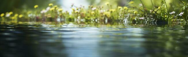 verschwommen Bild von natürlich Hintergrund von Wasser und Pflanzen. generativ ai foto