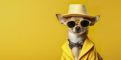 cool suchen Chihuahua Hund tragen funky Mode Kleid. Raum zum Text richtig Seite. generativ ai foto