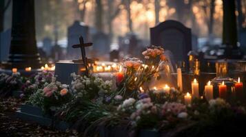 ein heiter Bild zum alle Heilige Tag, ein Friedhof geschmückt mit Kerzen und Blumen, Grabsteine gebadet im Sanft Kerzenlicht, ai generiert foto