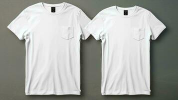 Weiß T-Shirt Attrappe, Lehrmodell, Simulation mit ein Vorderseite Tasche Detail, geben ein klassisch und beiläufig sehen, ai generiert foto