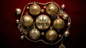 golden Ball Weihnachten Ornamente, einschließlich glänzend Gold Sterne und aufwendig entworfen Weihnachten Ball Kugeln, KI-generiert foto