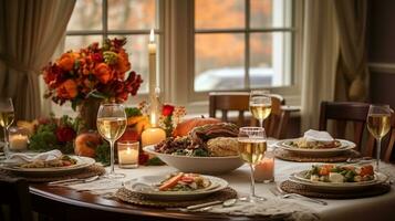 ein warm und einladend das Erntedankfest Tag Abendessen Szene, einstellen im ein schön dekoriert Essen Zimmer mit Herbst - - thematisch Dekor, Kerzen flackern leise, und ein Familie Tisch, ai generiert foto