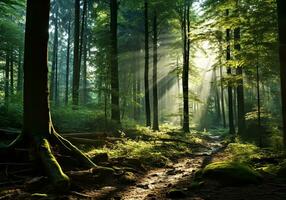 Wald im das Morgen mit Strahlen von Licht Vorbeigehen durch das Bäume. szenisch Landschaft. Umgebung Konzept. ai generativ foto