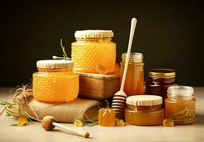 Honig und Bienenwachs Produkte auf Anzeige zum Verkauf. gesund Essen Konzept. ai generativ foto