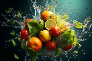 bunt Verschmelzung von frisch Obst und Gemüse mit Wasser Spritzen, ai generiert foto