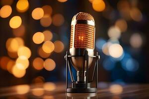 Fachmann Mikrofon auf Tabelle zum Podcasting und Singen, ai generiert foto