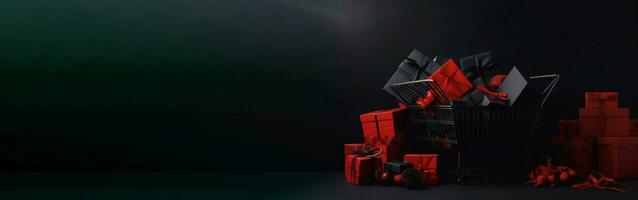 Stapel von schwarz und rot Geschenk Kisten mit Bögen auf schwarz Hintergrund. ai generiert foto