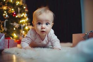 süß Baby im ein rot Santa Hut mit Geschenk Box auf Weihnachten Baum Hintergrund. ai generiert foto
