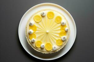 Zitrone Torte oben Sicht. Zitrone Kuchen. generativ ai foto