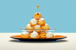 Profiteroles mit Creme. Pyramide von profiteroles. generativ ai foto