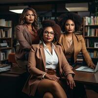 drei Frau Plus Größe Sitzung im Büro beim Schreibtisch mit ein Laptop. ai generativ foto