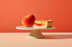 Pfirsich Kuchen auf ein Stand. generativ ai foto