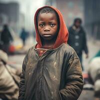 Arm afrikanisch Junge im das Stadt während. ai generativ foto