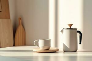 ein minimalistisch Szene mit ein Keramik Kaffee Becher und ein Französisch Drücken Sie, mit das Fokus auf das brauen Prozess generativ ai foto