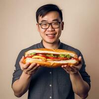 Sandwich Tag. ai generiert. asiatisch Mann halten ein groß Sandwich im seine Hände. Nahansicht. schnell Lebensmittel. ungesund Essen foto