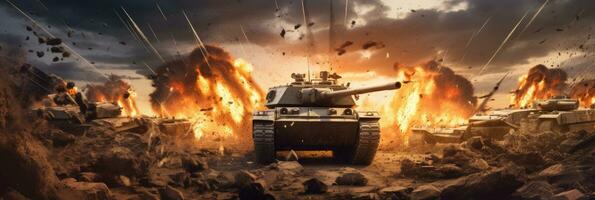 gepanzert Panzer Schießen von ein Schlacht Feld im ein Krieg. Bomben und Explosionen im Krieg. generativ ai foto