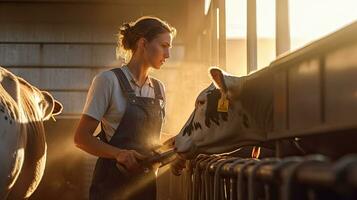 ein jung Farmer Frau Kuh Melken mit Einrichtung und modern mechanisiert Melken Ausrüstung. generativ ai foto