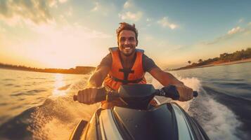 heiter gut aussehend Mann Fahren ein Jet Ski während Sommer- Urlaub. generativ ai foto