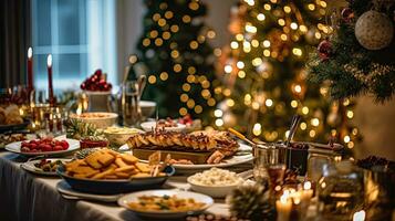 Abendessen Tabelle voll von Geschirr mit Essen und Snacks, Weihnachten und Neu Jahre Dekor mit ein Weihnachten Baum auf das Hintergrund. generativ ai foto