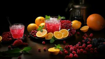 Obst Cocktail mit Himbeeren, Orangen, Brombeeren und Minze. foto