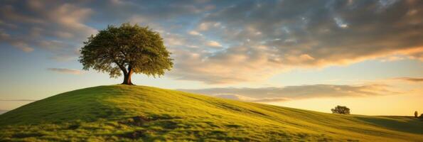 Landschaft Aussicht von einer groß Baum auf das oben von das Hügel mit Grün Gras auf ein Hang mit Blau Himmel und Wolken im das Hintergrund. generativ ai foto