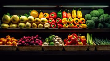 Früchte und Gemüse auf Regal im Supermarkt. generativ ai foto