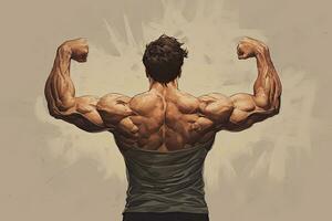 muskulös Mann Biegen seine Muskeln im Vorderseite von ein Grunge Hintergrund, Rückseite Aussicht von ein muskulös jung Mann mit Waffen gedehnt aus, detailliert Muskeln, ai generiert foto