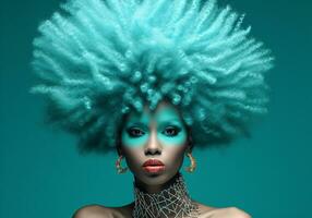 Exzenter Frau mit groß afro gefärbt Türkis Haar. Lebensstil Konzept. ai generiert foto