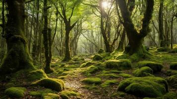 ai generiert ein Aussicht von ein üppig immergrün Wald mit Grün Moos klammern zu Felsen und ein Strom fließend durch es foto