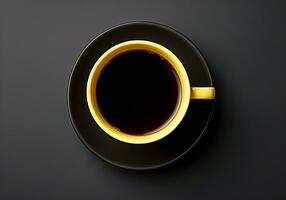 schwarz Kaffee Tasse und Untertasse auf ein dunkel Hintergrund. minimalistisch Konzept. angesehen von über. ai generiert foto