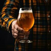 ai generiert Hand halten ein Glas von Bier foto