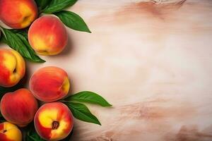 ai generiert Pfirsich Obst Banner auf Pastell- Rosa Hintergrund foto