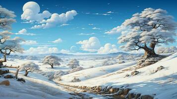 Winter Dorf schneebedeckt Landschaft mit Kiefern Wald und Hügel. Zeichnung Kunst und Farbe Stil von schneebedeckt Feld. horizontal Natur Szene Illustration ai generativ. foto