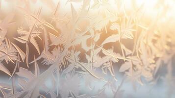 ai generativ Eis Blume auf Fenster schließen oben beim früh Morgen Sonnenschein foto