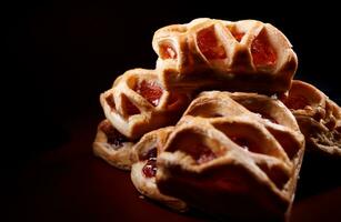 Puff Gebäck Gebäck mit Preiselbeere Marmelade auf ein dunkel rot Hintergrund. Kekse mit Preiselbeere Marmelade. foto