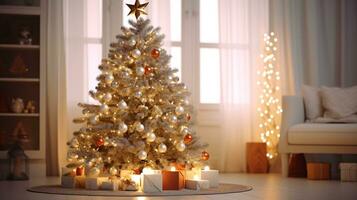ai generativ schön dekoriert Weihnachten heim, mit Bokeh Beleuchtung und Fenster foto
