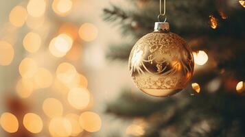 ai generativ Weihnachten Ornament schließen oben auf Baum mit ein verschwommen Hintergrund foto