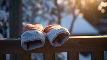 ai generativ Fäustlinge, Schnee Handschuhe im das Schnee im früh Morgen Sonnenlicht foto