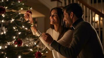 ai generativ Paare dekorieren Weihnachten Baum im warm gemütlich Zuhause mit Bokeh Beleuchtung foto