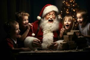 Santa claus und Kinder spielen mit hölzern Blöcke im das Zimmer mit Weihnachten Baum, Santa Klausel und seine winzig Arbeiter Elfen im das Werkstatt. Norden pole.movie Stil, ai generiert foto