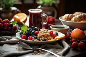 Frühstück mit Haferflocken, Beeren und Obst auf ein hölzern Tisch, Reis mit Gemüse und Garnelen auf schwarz Hintergrund, oben Sicht, ai generiert foto