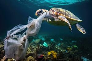 Grün Meer Schildkröte und Plastik Taschen auf das Unterseite von das Ozean, Meer Schildkröte mit Plastik Müll im das Ozean. Verschmutzung von Natur Konzept, ai generiert foto