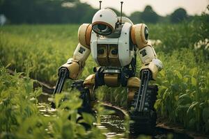 Roboter im das Reis Feld, Jahrgang Stil, selektiv Fokus, Roboter Landwirtschaft fuman, ai generiert foto