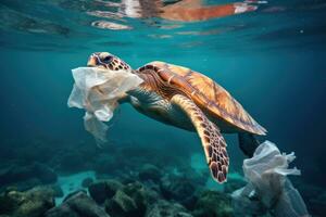 hawaiisch Grün Meer Schildkröte Chelonie mydas im das Ozean, Meer Schildkröte mit Plastik Taschen im das Ozean. Konzept von Umwelt Verschmutzung, ai generiert foto