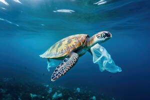 Grün Meer Schildkröte Schwimmen im das Blau Wasser mit ein Plastik Tasche, Meer Schildkröte mit Plastik Taschen im das Ozean. Konzept von Umwelt Verschmutzung, ai generiert foto