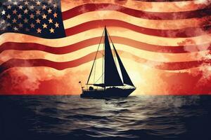 amerikanisch Flagge mit Segelboot im das Meer. 3d Illustration, Silhouette von ein Segelboot auf das Hintergrund von das amerikanisch Flagge, ai generiert foto