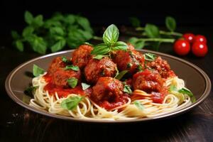 Spaghetti Pasta mit Fleischklößchen und Tomate Soße auf ein dunkel Hintergrund, Spaghetti mit Tomate Soße und Fleischklößchen, ai generiert foto