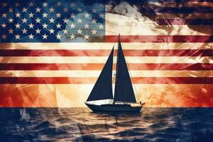 amerikanisch Flagge und Segelboot im das Meer. 3d Illustration, Silhouette von ein Segelboot auf das Hintergrund von das amerikanisch Flagge, ai generiert foto